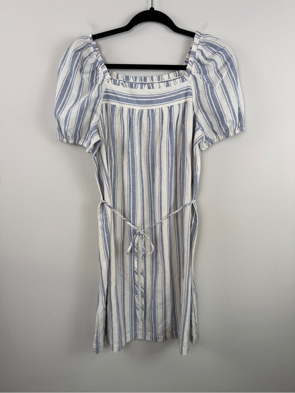 LOFT NWTs $90 Striped Square Neck Shift Dress Small Blue and White Puff Sleeves